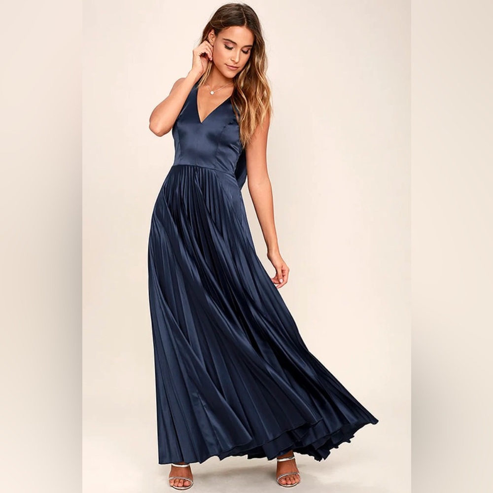 NWT Lulu’s Epic Night Navy Blue Satin Dress - XS